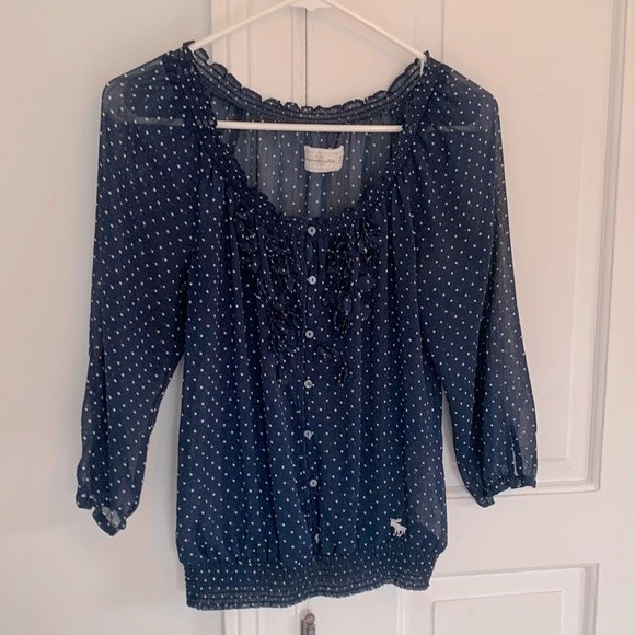 Abercrombie & Fitch Navy and White Polka Dot Top Medium - Picture 1 of 9